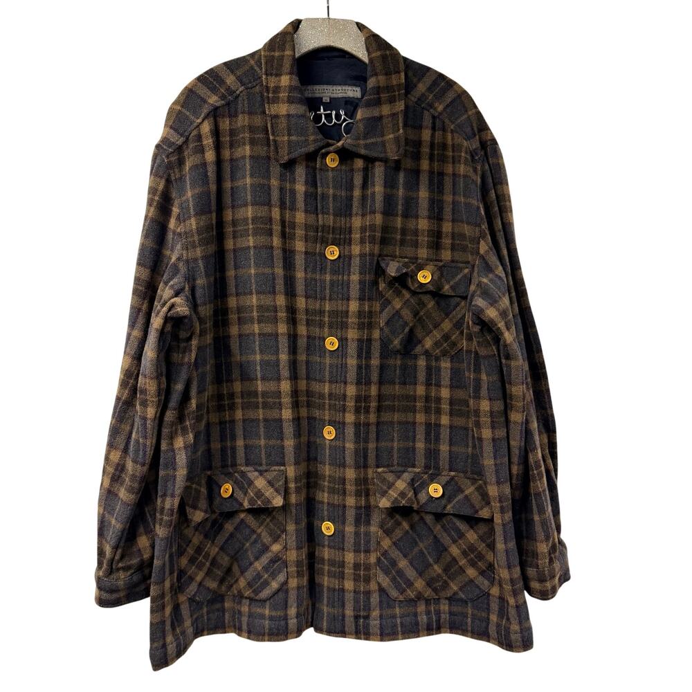 Le Collezioni Structure XL Wool Shirt 3 Pocket Plaid Jacket Italian XL Brown